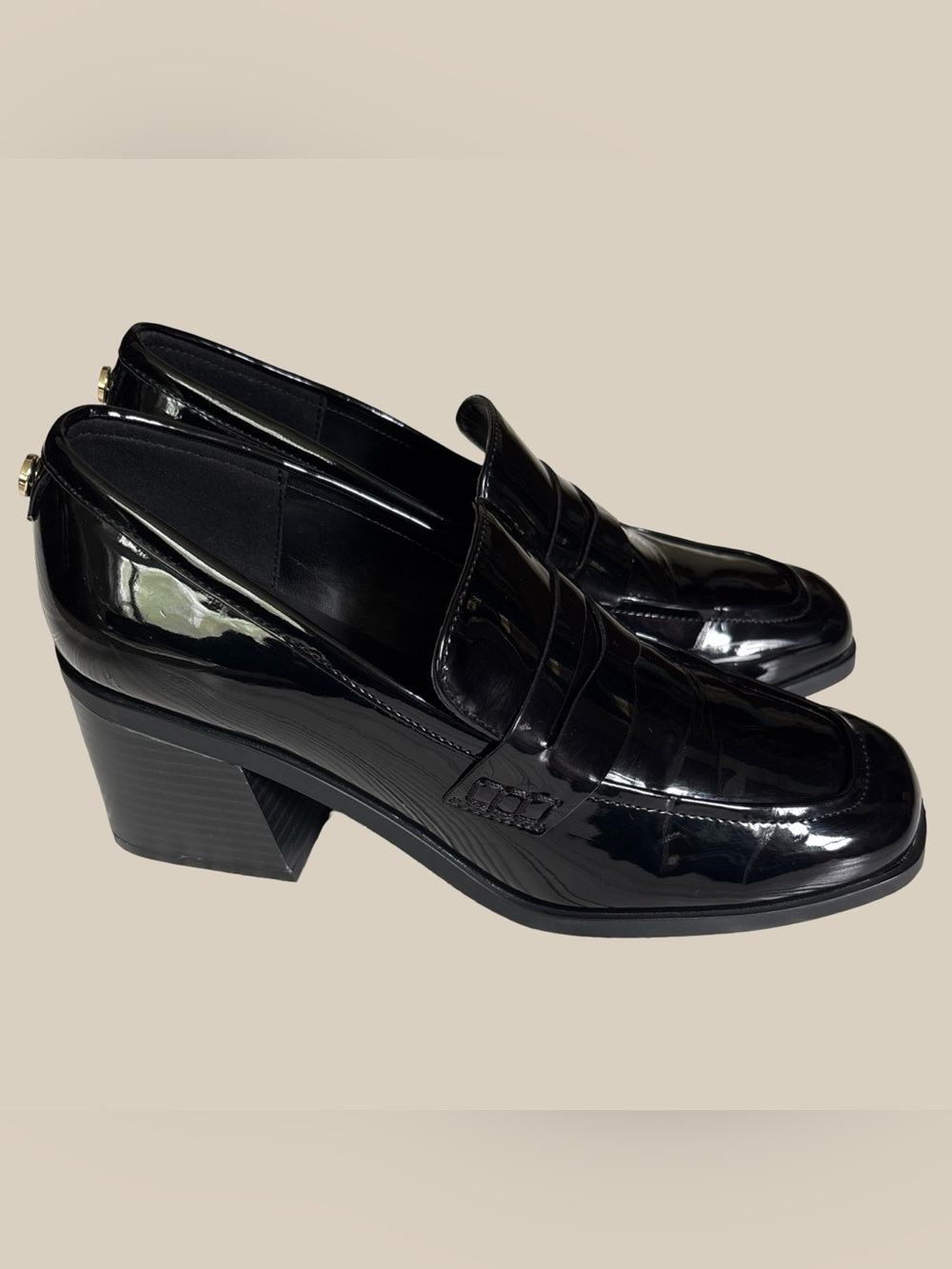 Marc Fisher Womens Kchris Black Patent Leather Penny Loafer Pumps Block Heel 7.5